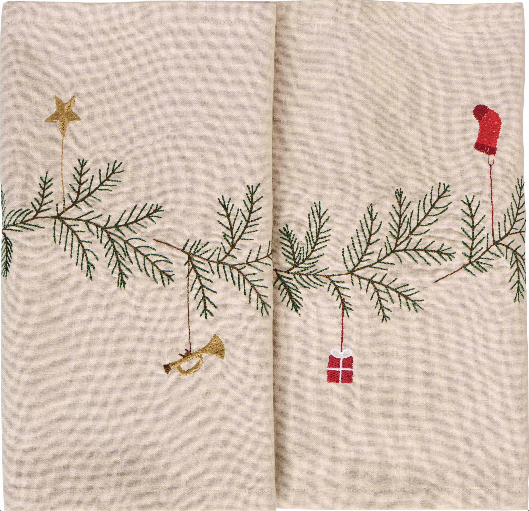 Ib Laursen / Tischläufer Tradition m/Tannengirlande und Weihnachtsschmuck leinenfarbig