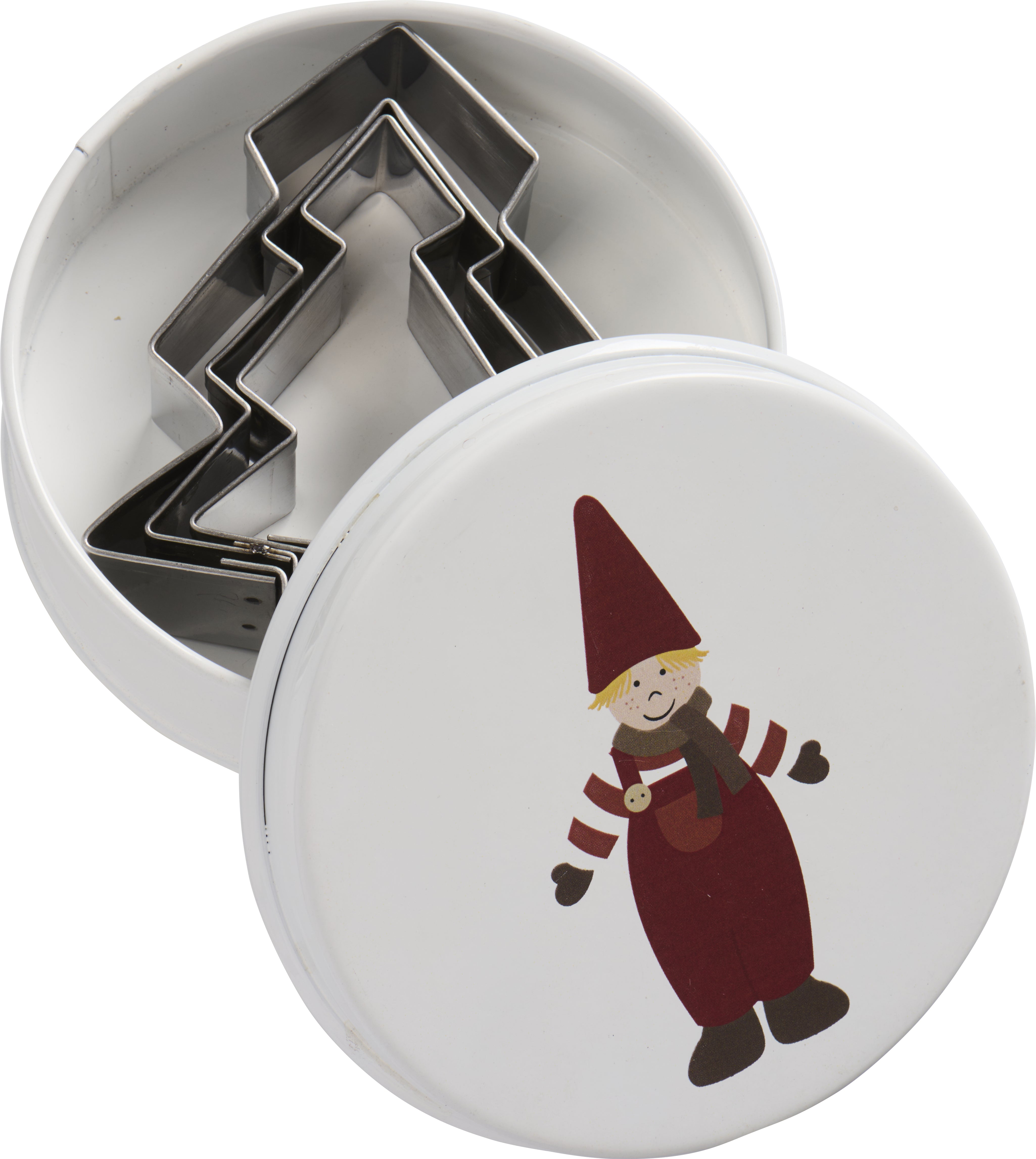 Ib Laursen / Dose m/3 Tannenbaum-Keksausstechern, Wichtelmännchen auf Deckel