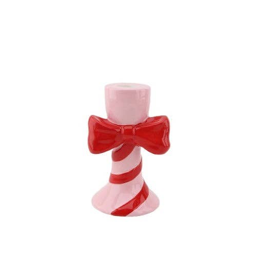 Kerzenhalter - Streifen mit Schleife - Dolomit - Rosa/Rot - 9x8x14cm