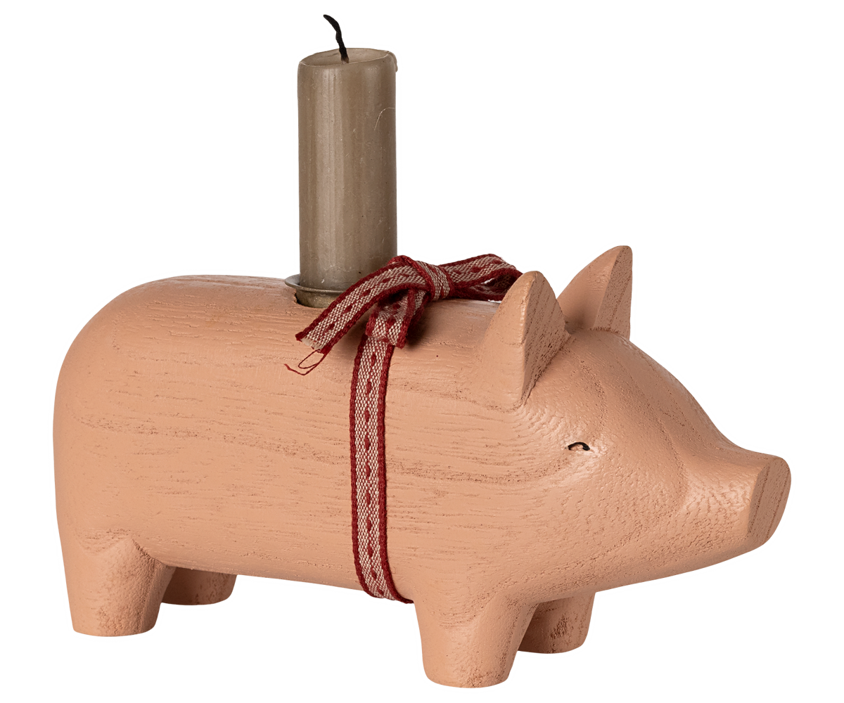 Maileg / Kerzenständer aus Holz, Schwein, Medium - Rosa