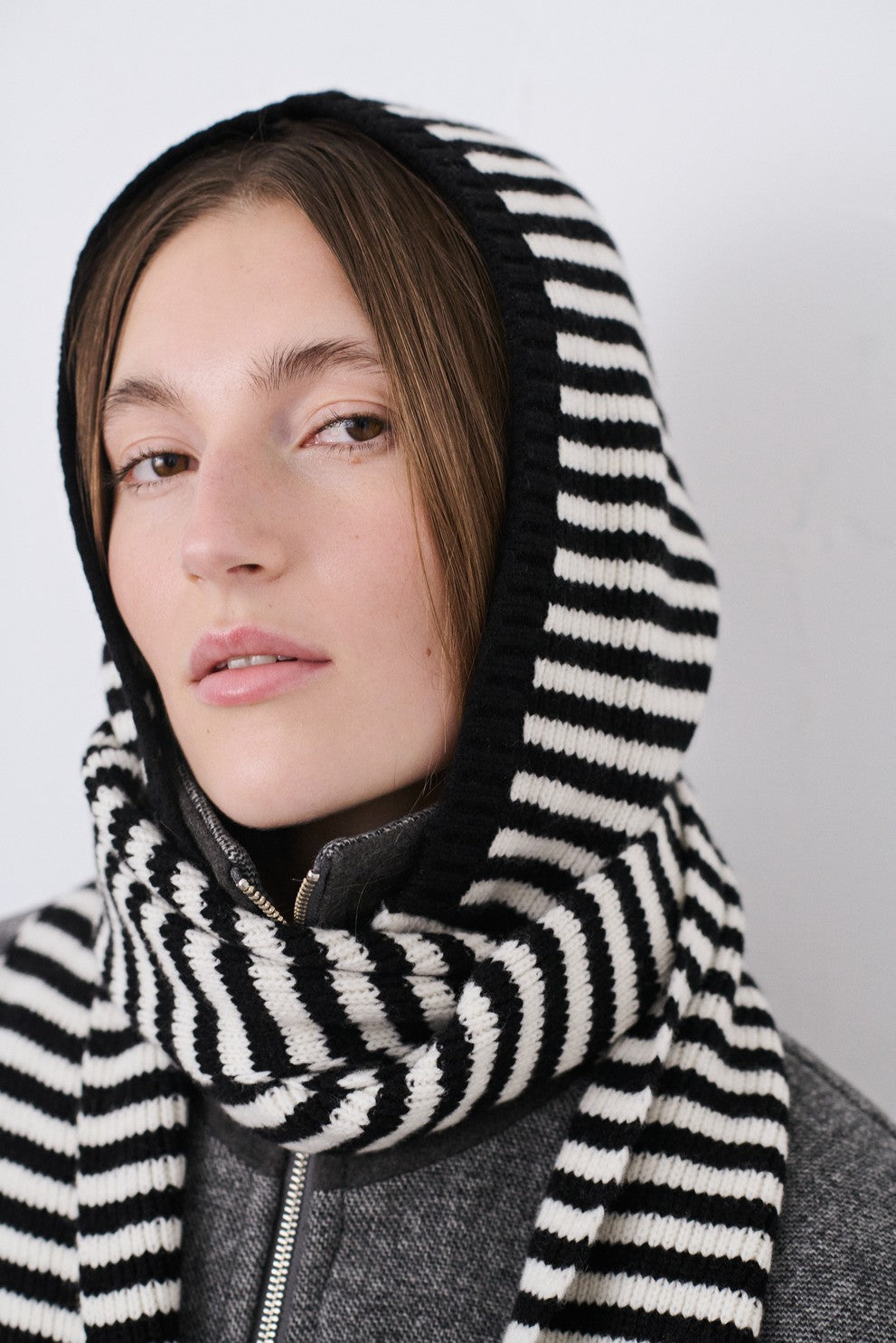 Mads Nørgaard / One Wool Freja Hooded Scarf / Black/Vanilla Ice