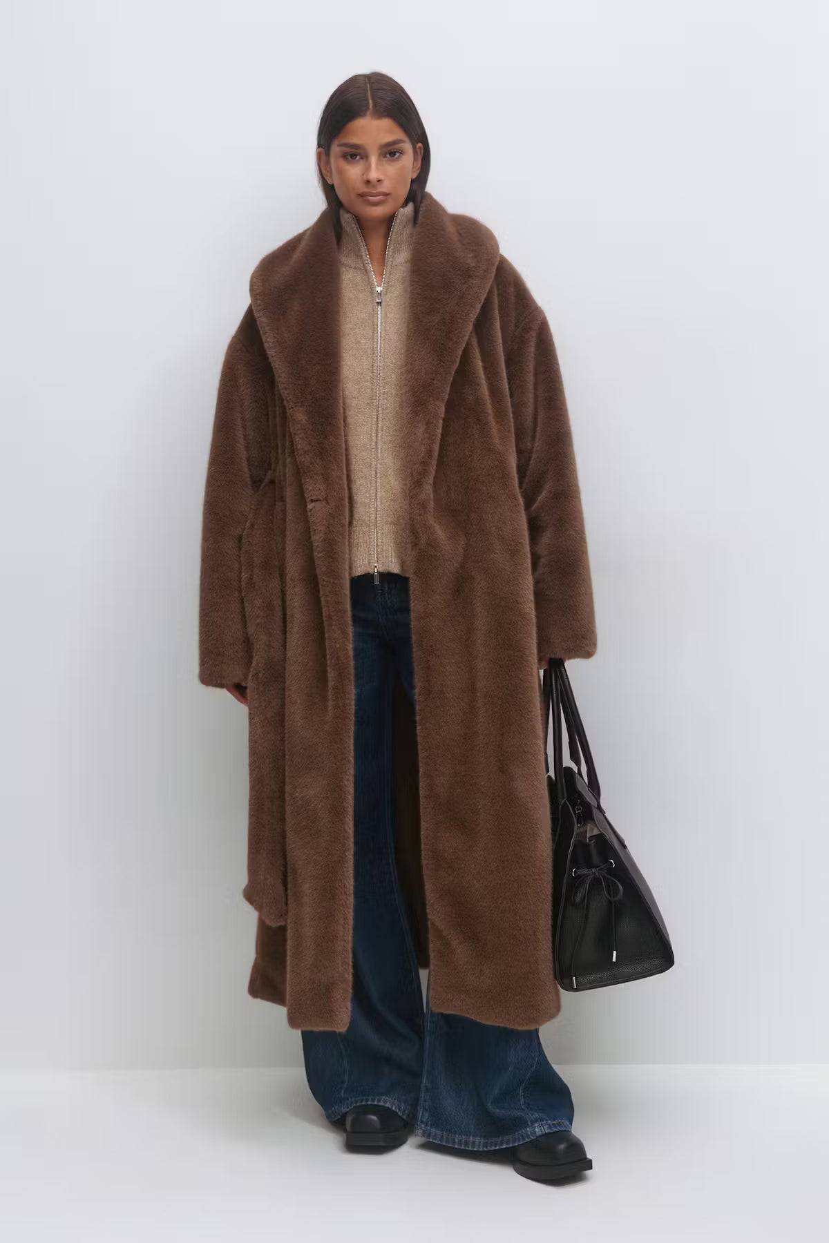 Gina Tricot / Faux fur belted long coat / Soft Brown