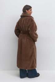 Gina Tricot / Faux fur belted long coat / Soft Brown