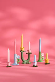 Ib Laursen / Kerzenhalter f/2 x 2,2 cm Kerzen grün m/gelber und hellrosa Blume