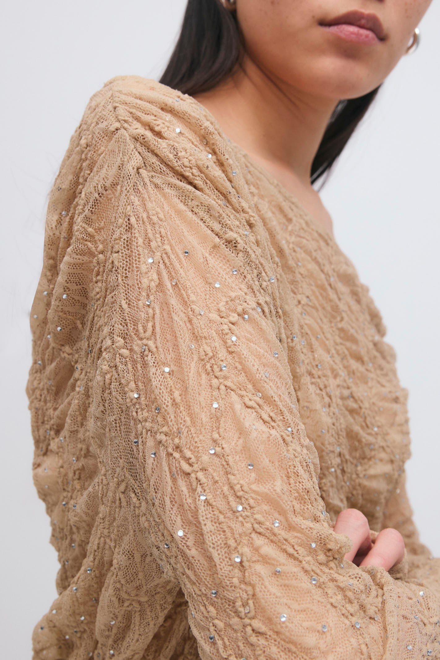 Gina Tricot / Rhinestone lace top / Camel