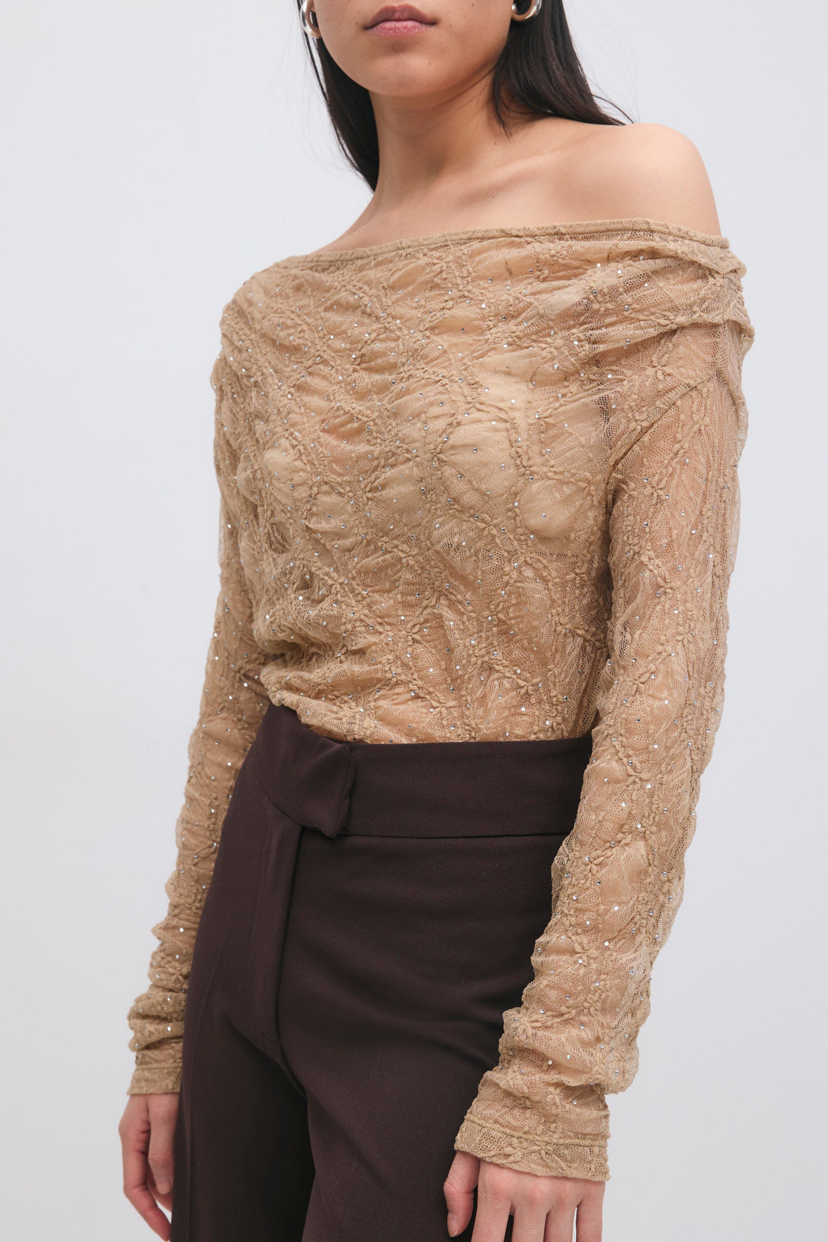 Gina Tricot / Rhinestone lace top / Camel