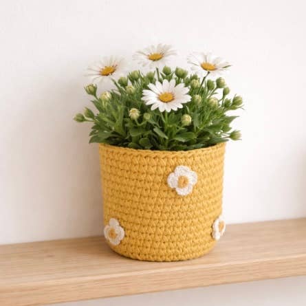 Korb Blumen gelb - H13x12øcm - handgehäkelte Baumwolle