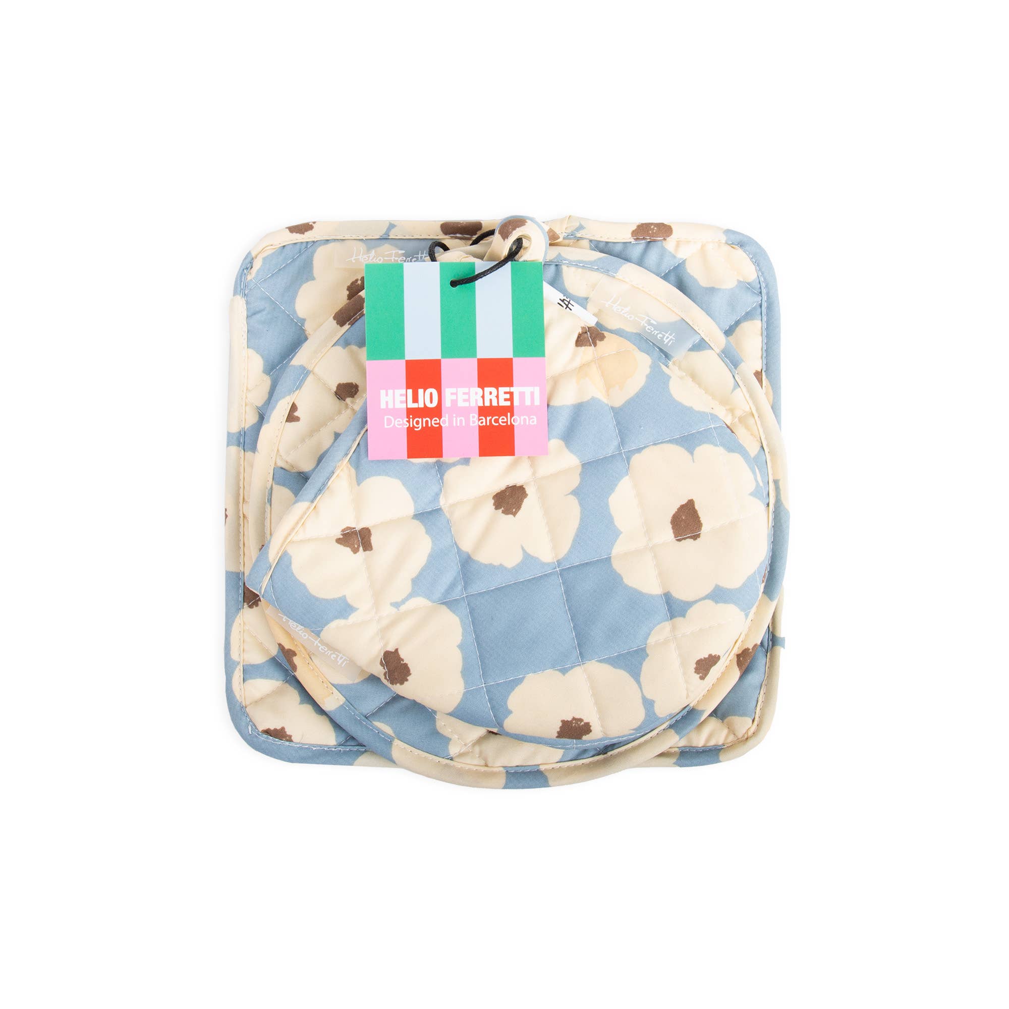 Hello Ferretti / BLAUES BLUMEN-OFENHANDSCHUH- UND TUCH-SET HF