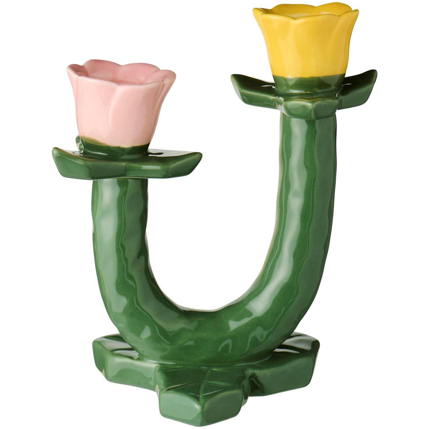 Ib Laursen / Kerzenhalter f/2 x 2,2 cm Kerzen grün m/gelber und hellrosa Blume
