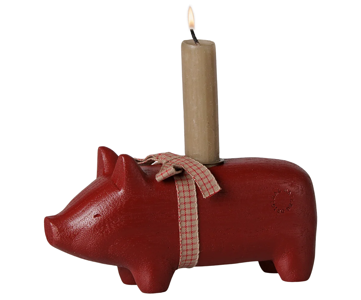 Maileg / Holzkerzenhalter, Schwein, Mittel – Rot