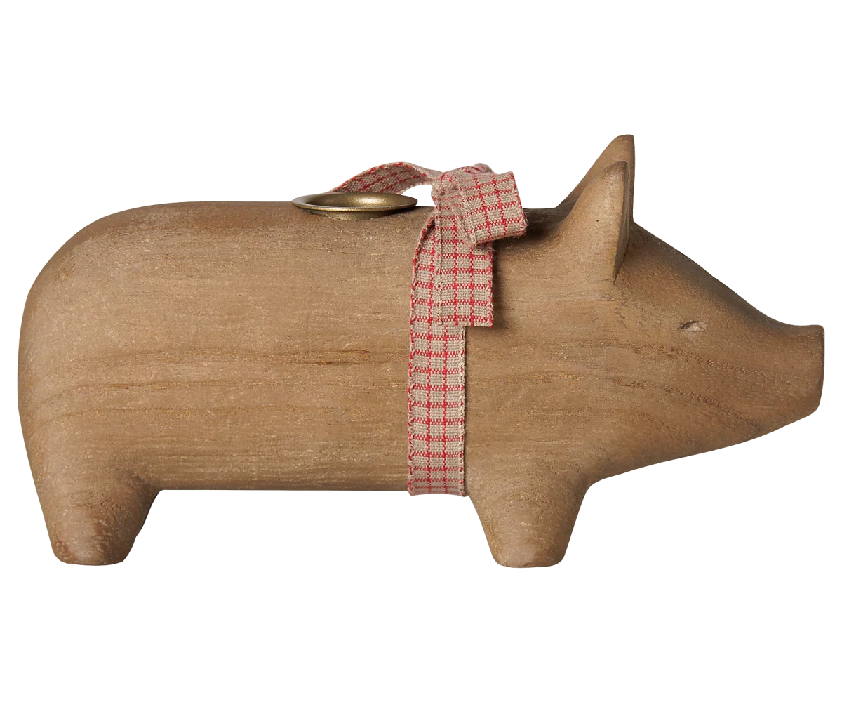 Maileg / Holzkerzenhalter, Schwein, Mittel – Natur