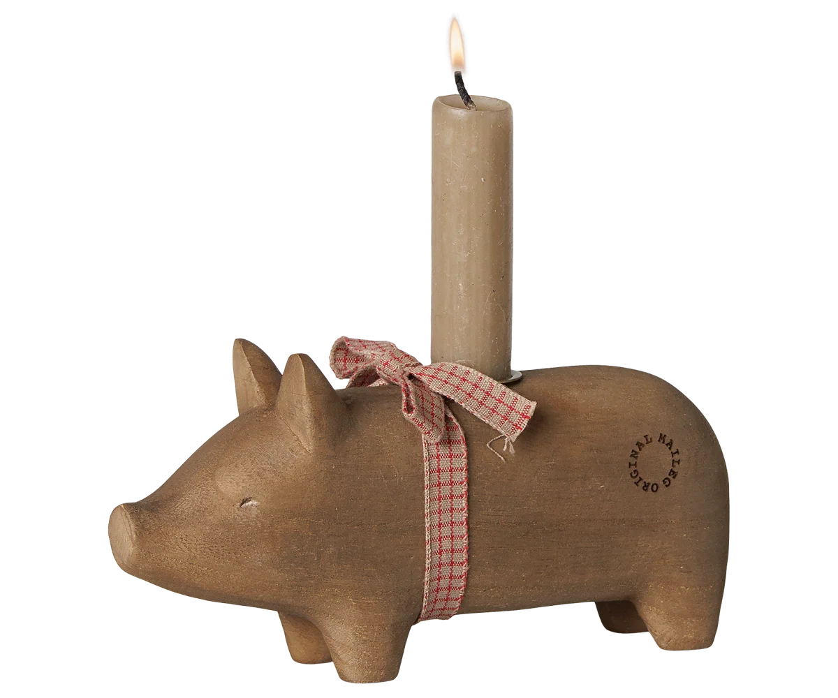 Maileg / Holzkerzenhalter, Schwein, Mittel – Natur