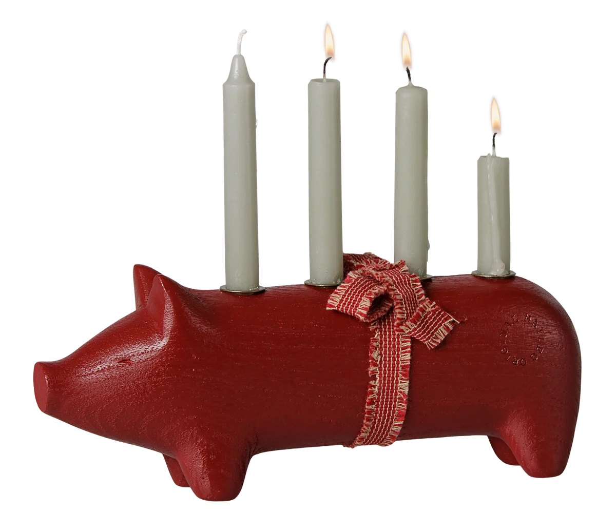 Maileg / Holzkerzenhalter, Schwein, Advent medium – Rot