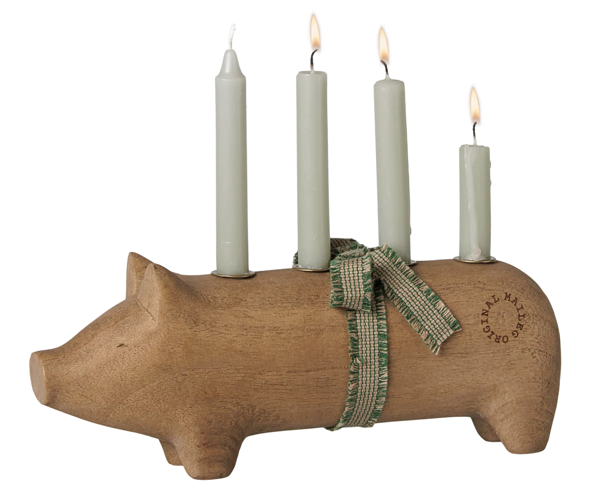 Maileg / Holzkerzenhalter, Schwein, Advent medium – Natur