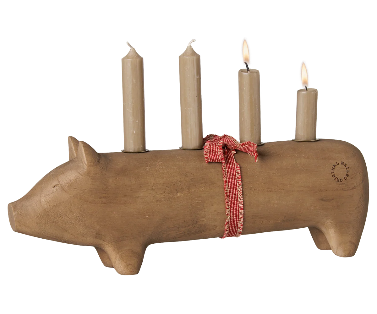 Maileg / Holzkerzenhalter, Schwein, Advent groß – Natur