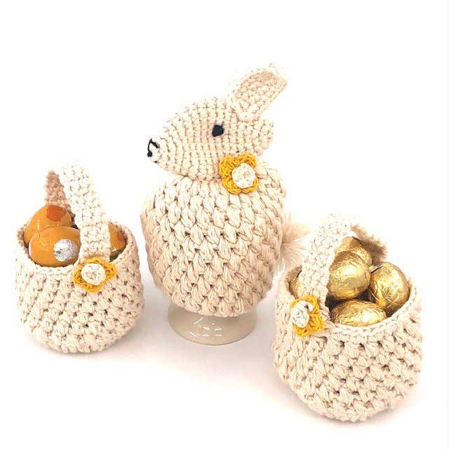 Korb Mini-Ostern - Weiß 6x6cm + Griff, handgehäkelt